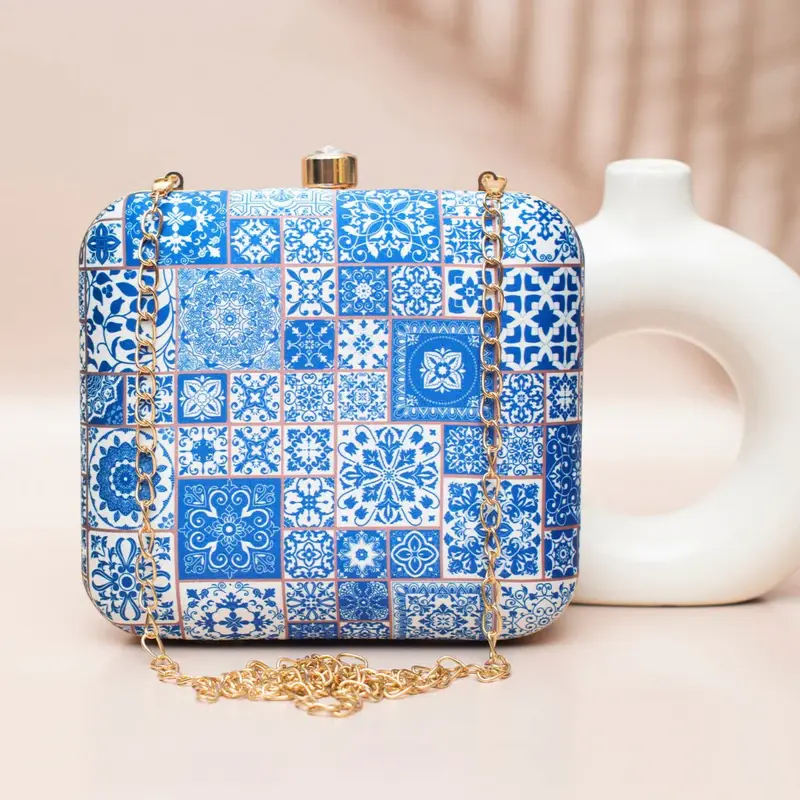 Woman Blue Mandala Pattern Printed Clutch