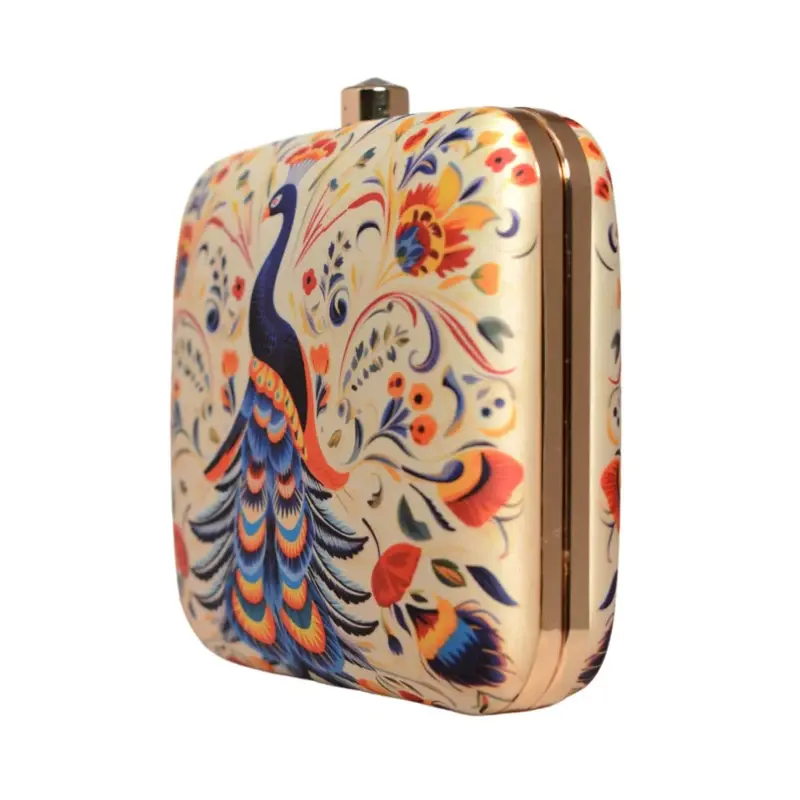 Women White Based Peacock Printed Clutch