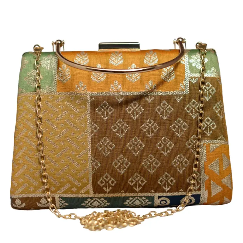 Woman Multipattern Brown Brocade Party Clutch