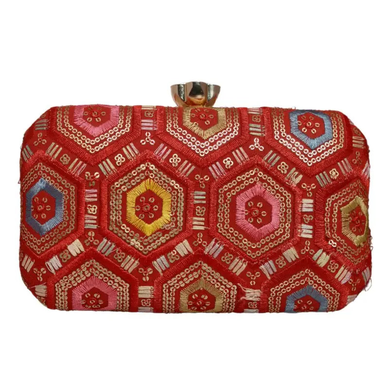 Women Red Rectangle Sequins Embroidery Clutch