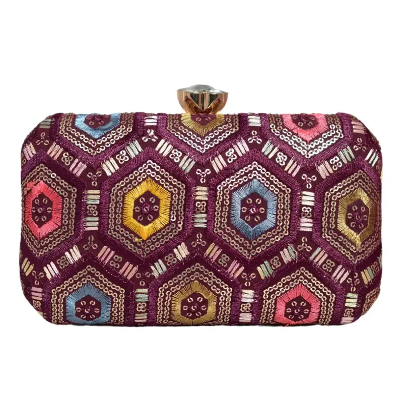 Women Wine Rectangle Sequins Embroidery Clutch