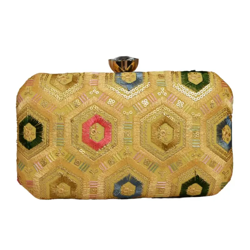 Women Golden Rectangle Sequins Embroidery Clutch