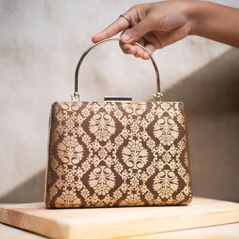Women Brown And Golden Brocade Party Clutch