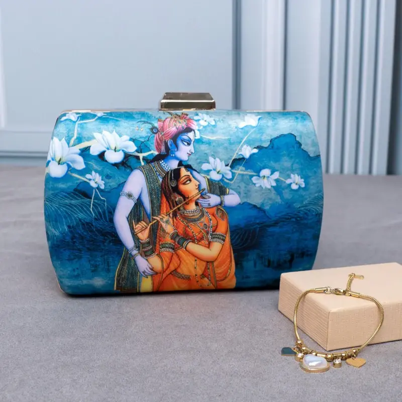 Women Love & Divinity Set: Radha Krishna Clutch & Hearts Charms Bracelet