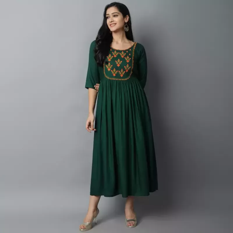 Women Embroidered Viscose Rayon A-line Embroidered Indian Kurta  (Green)