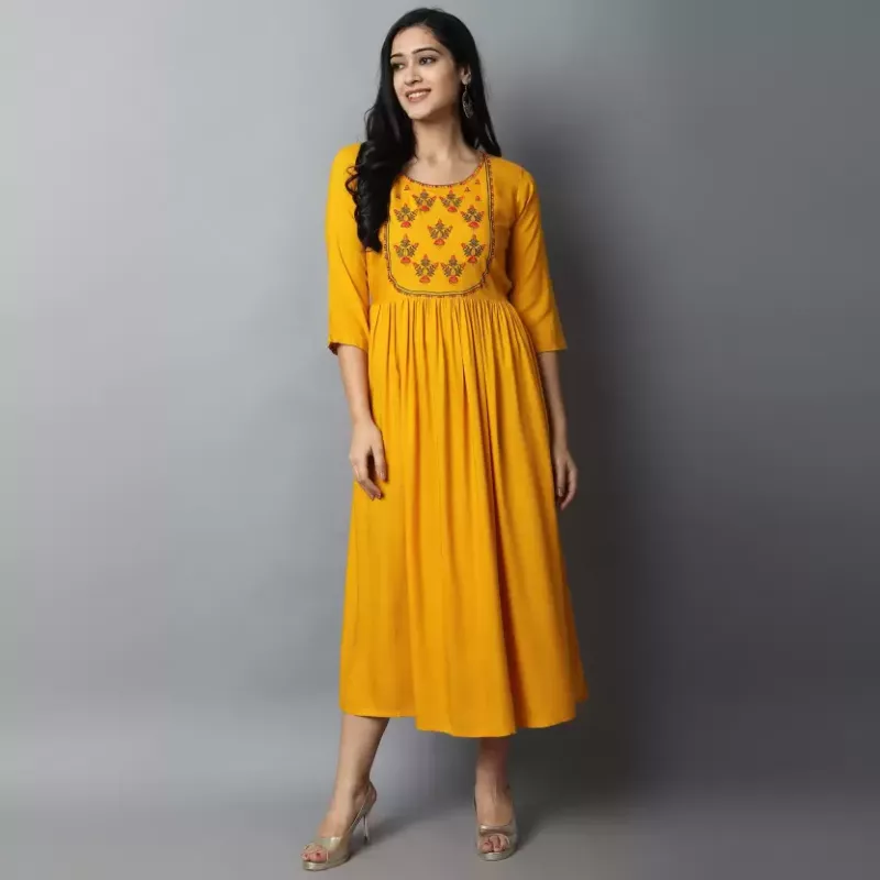 Women Embroidered Viscose Rayon A-line Indian Kurta  (Yellow)