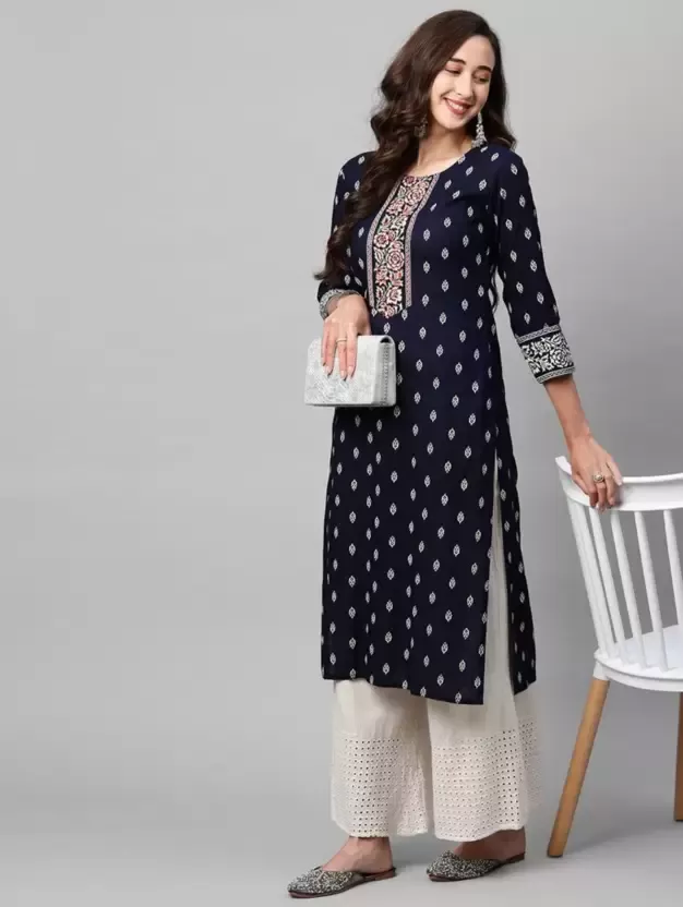Women Printed Viscose Rayon Embroidered Straight Kurta  (Blue)