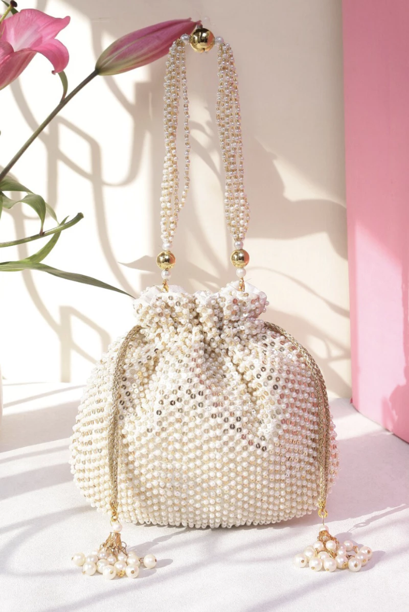White Pearl Embellish Designer Potli Bag for Women