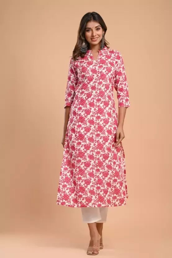 Women Printed Viscose Rayon Straight Kurta (Pink)