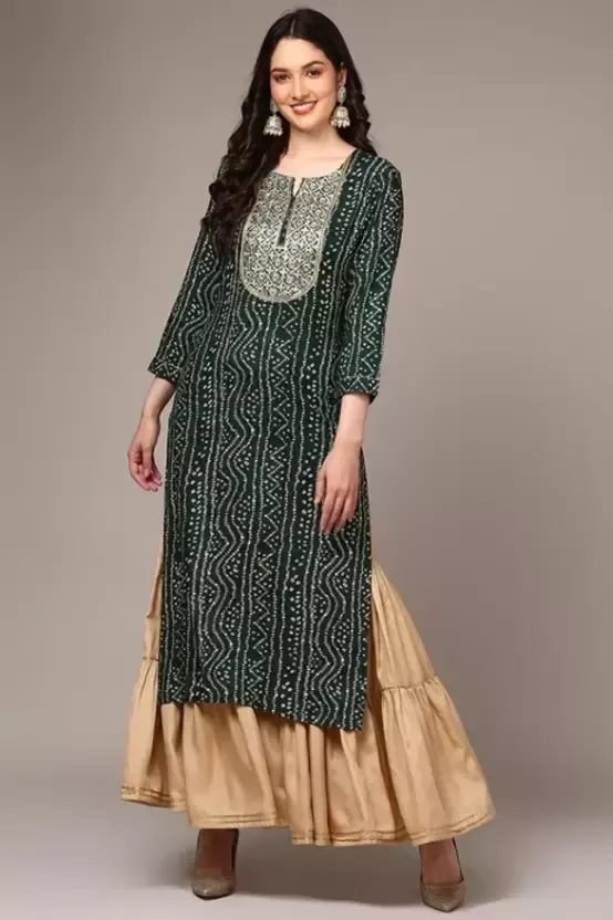 Women Bandhani Viscose Rayon Straight Kurta (Dark Green)