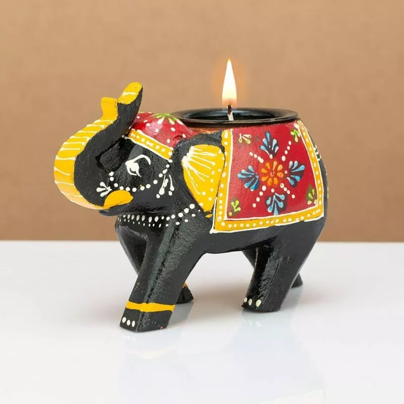 Home Decor Handcrafted and Hand-Painted Colorful Wooden Elephant Tea Light Holder