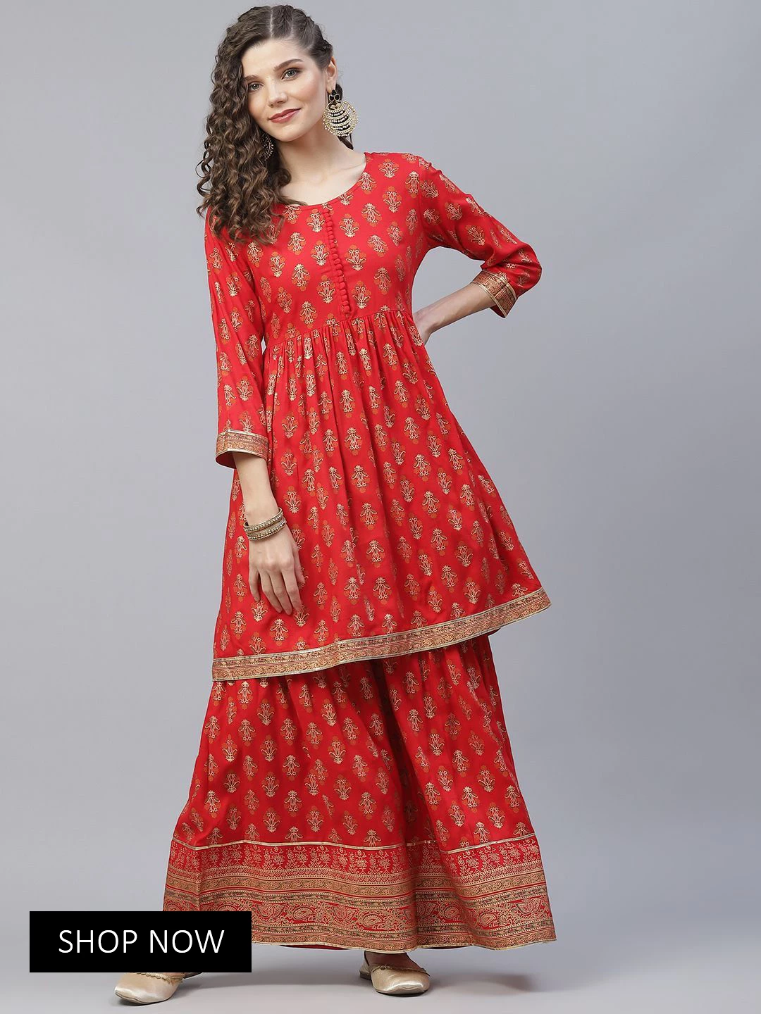 Red Gold Printed Gathered Kurta With Sharara