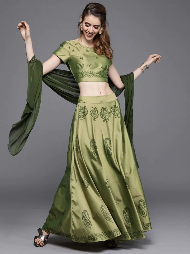  Olive Green Ready To Wear Lehenga & Blouse With Dupatta
