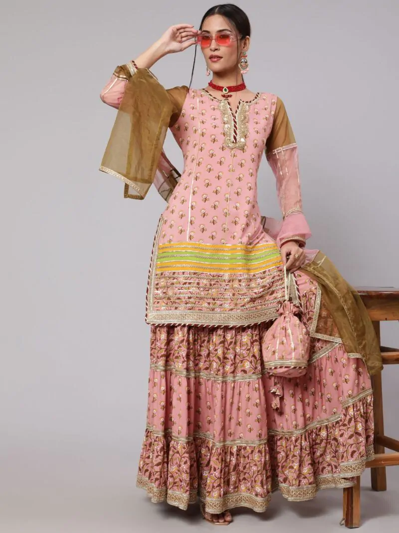 Light Brown & Olive Printed Lace Work Kurta & Sharara With Dupatta & Potali Bag
