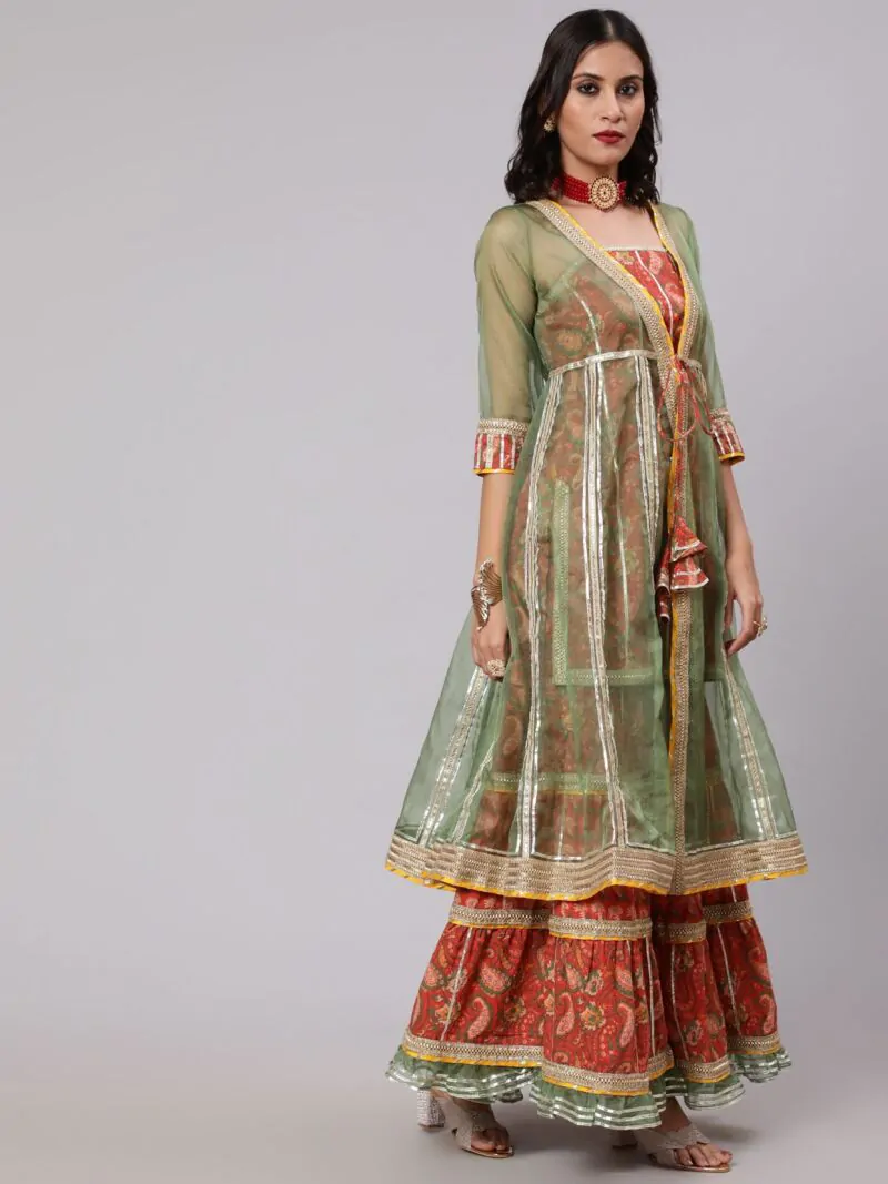 Red & Green Floral Printed Lace Work Kurta & Sharara With Organza Jacket & Potali Bag