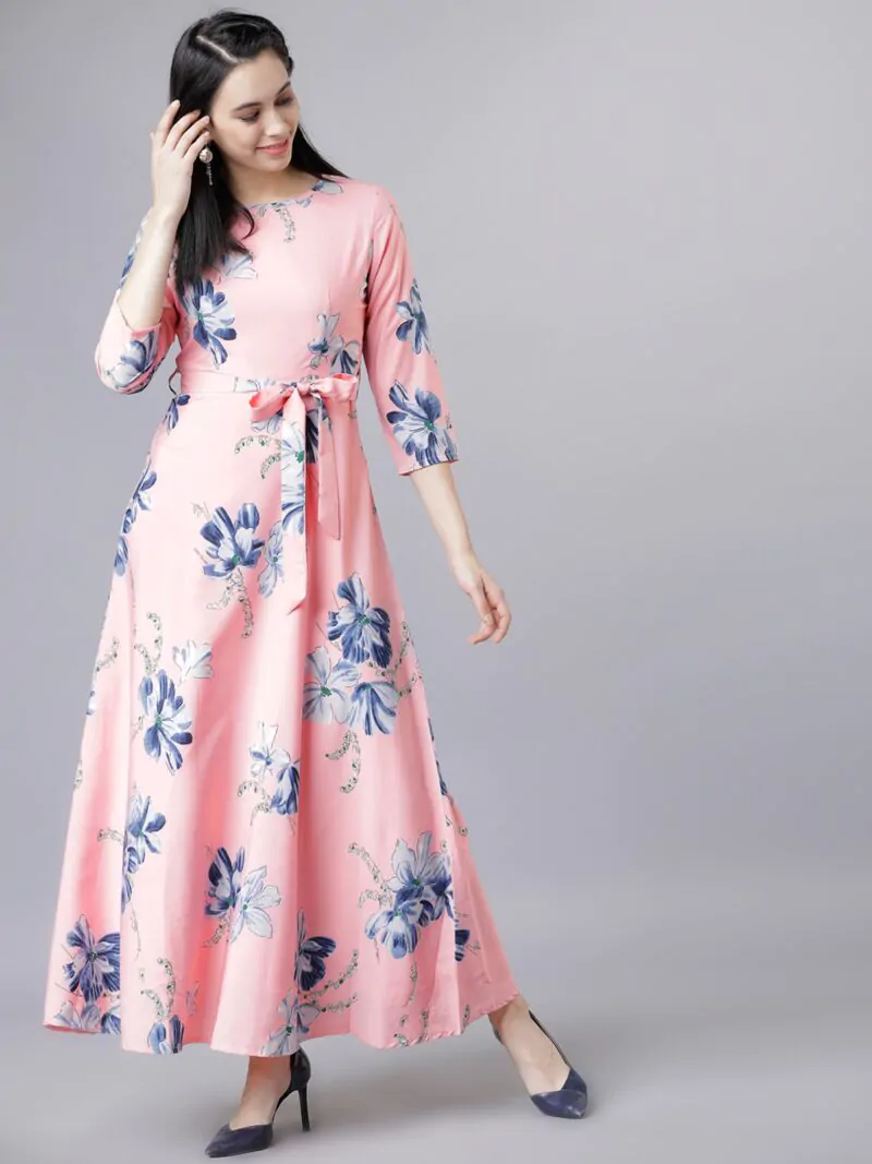 Pink Floral Print Maxi Belted Dress