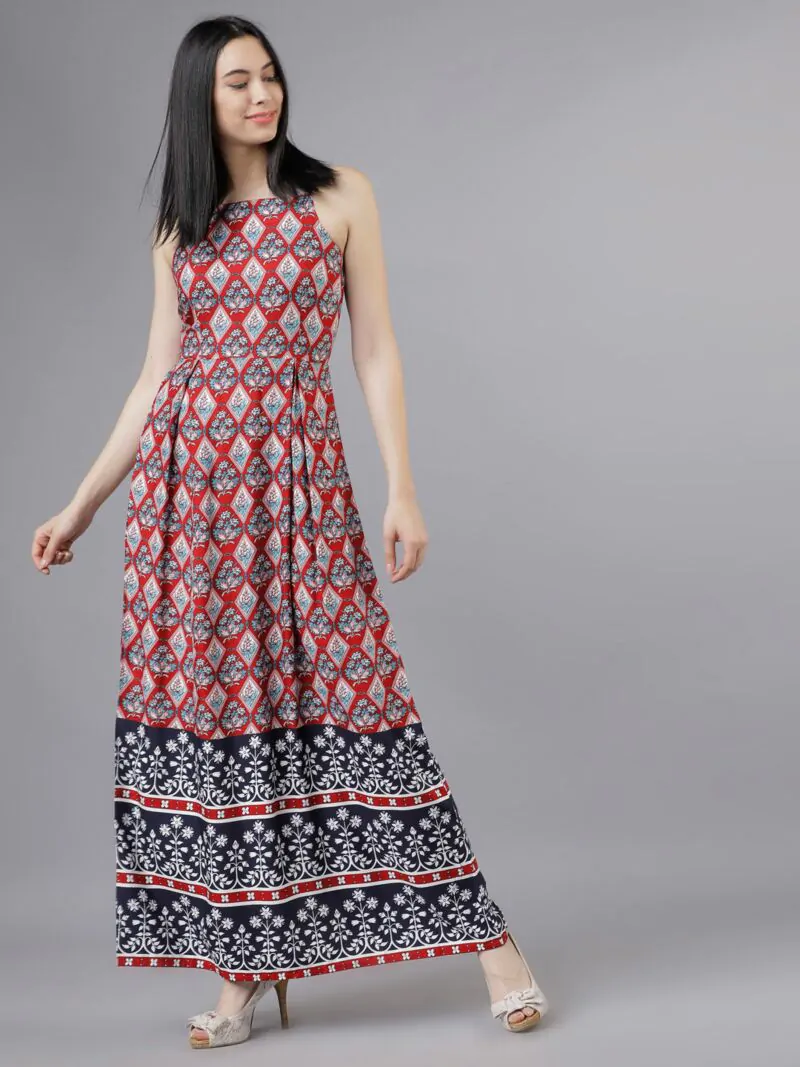 Maroon Boho Print Viscose Maxi Strappy Dress