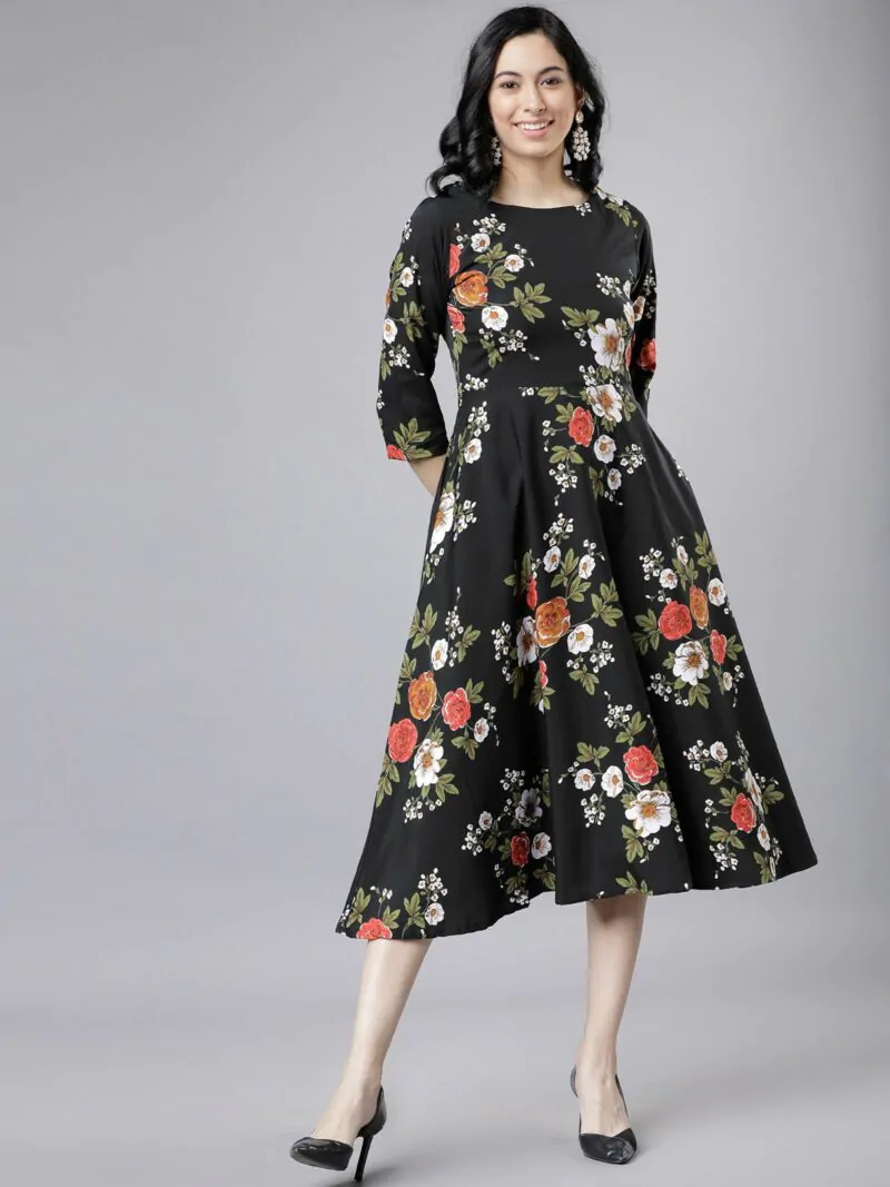 Women Black & Red Floral Print Fit and Flare Dress