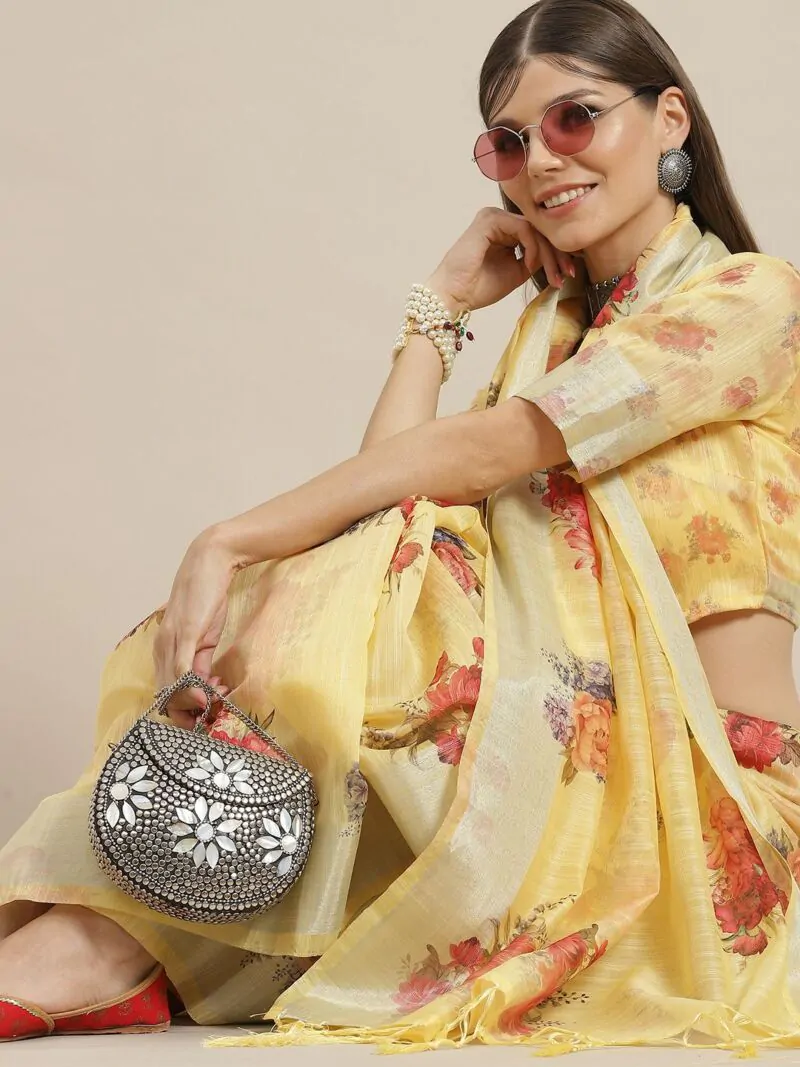 Women Yellow Poly Chanderi Designer Saree