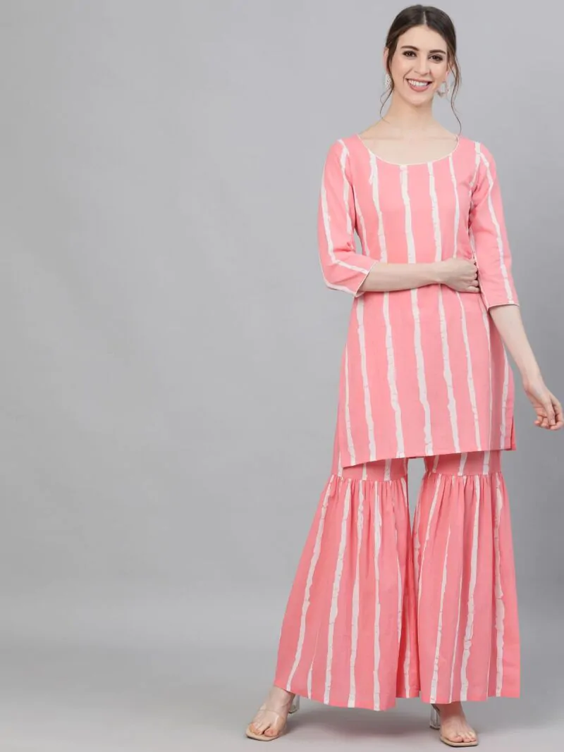 Pink & White Striped Printed Kurta With Sharara Set
