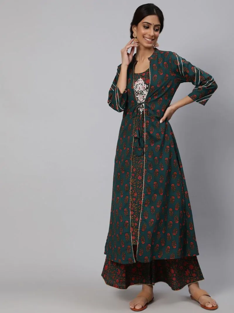 Green & Red Floral Printed Embroidered Kurta Palazzo With Jacket Set