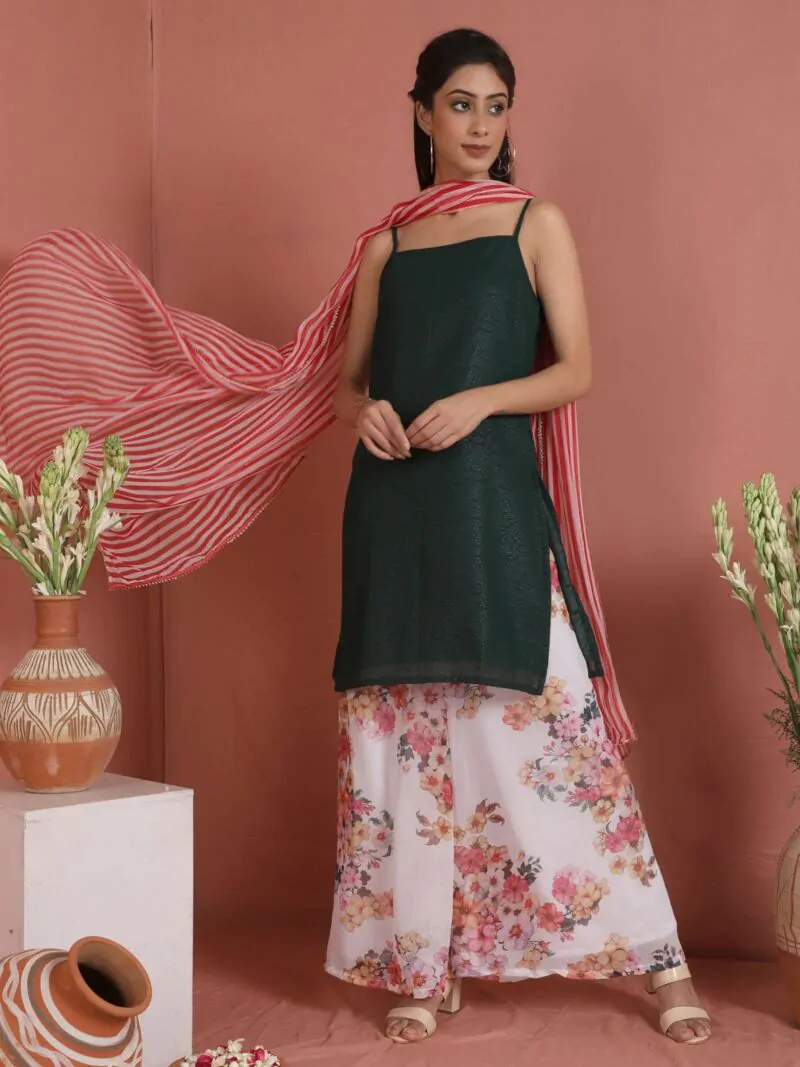 Green & White Floral Printed Kurta & Sharara With Dupatta Set