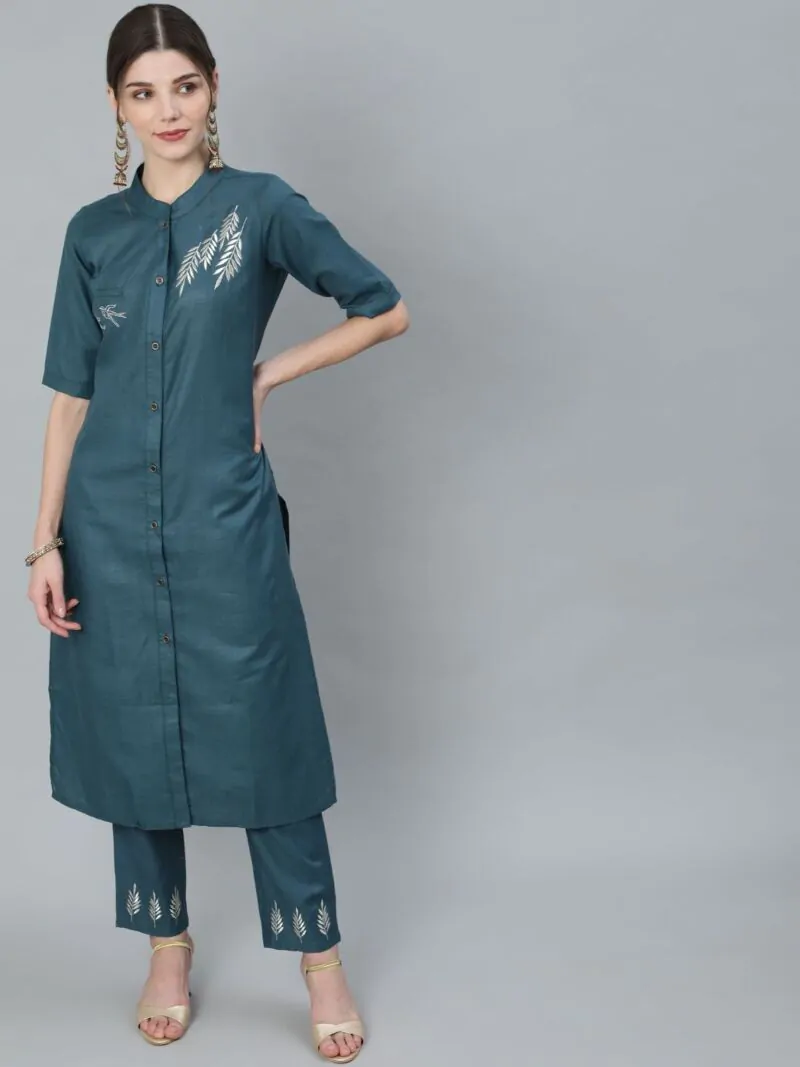 Teal Green Embroidered Straight Kurta With Pant Set