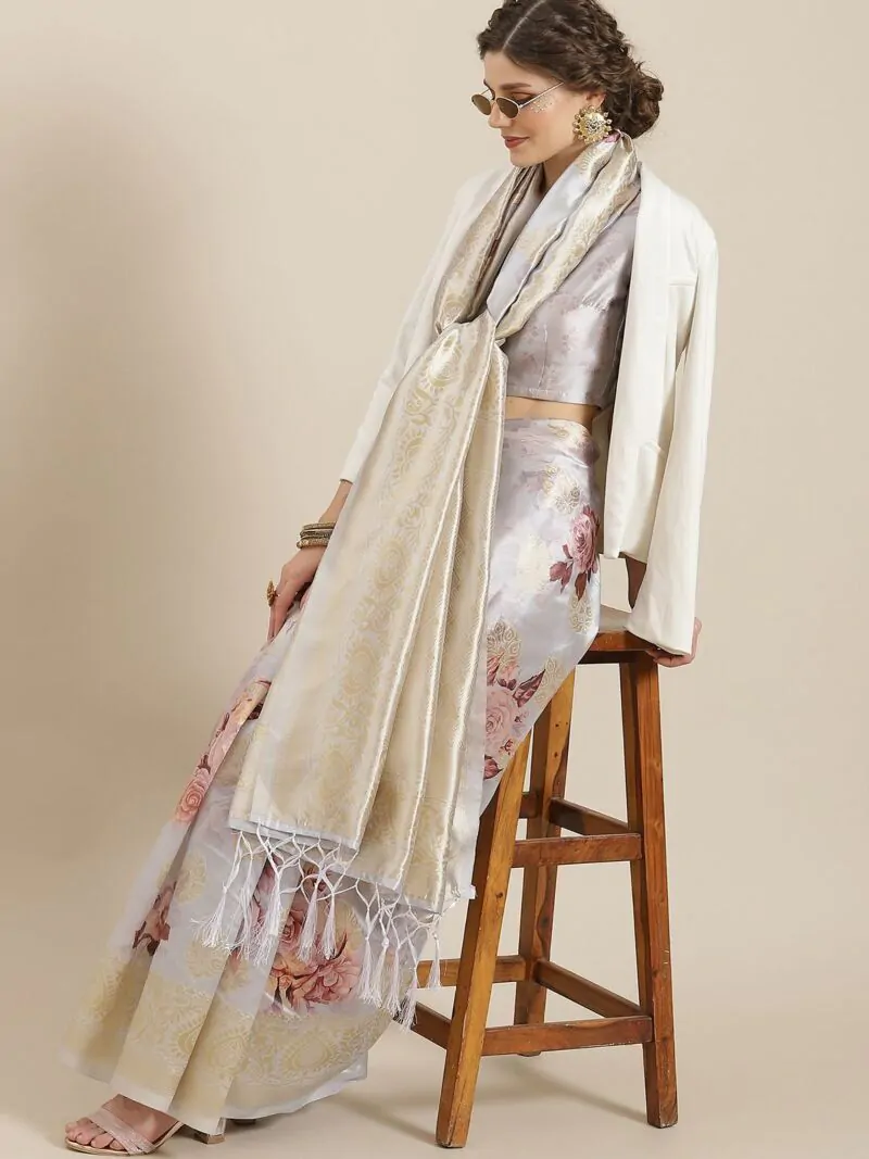 Women Grey Floral Printed Jaquard Party Wear Sari