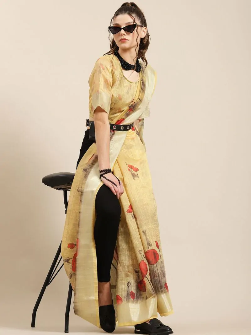 Girlish Wear Yellow Floral Printed Chanderi Saree