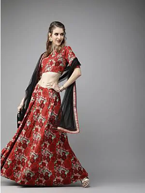  Red & Green Woven Design Ready To Wear Lehenga & Blouse With Dupatta