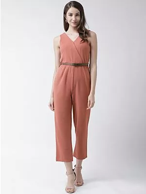 Women Peach-Coloured Solid Wrap Basic Jumpsuit