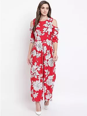 Women Red & Off-White Printed Cold-Shoulder Basic Jumpsuit