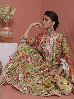 Green & Red Floral Printed Lace Work Kurta Sharara With Dupatta Set