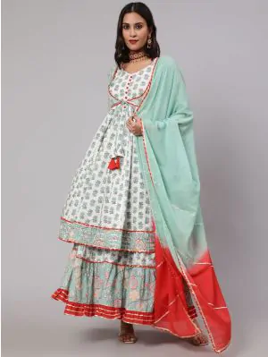 Pastle Green & Red Floral Printed Lace Work Kurta & Sharara With Dupatta Set