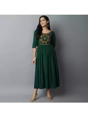 Women Embroidered Viscose Rayon A-line Embroidered Indian Kurta  (Green)