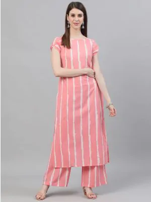 Pink & White Striped Printed Kurta Set