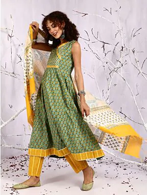 Green & Yellow Floral Printed Anarkali With Pant & Dupatta Set