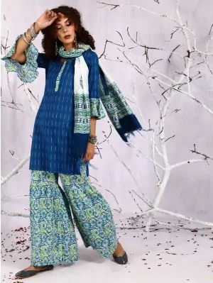Blue & Green Floral Printed Kurta & Sharara With Dupatta Set