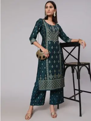 Teal Blue Gold Placement Printed Straight Kurta With Palazzo Set