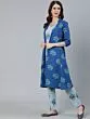Blue & White Floral Printed Double Layered Kurta With Pant Set
