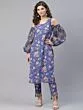 Blue & Red Floral Printed Straight Kurta Ballon Sleeve With Pant Set