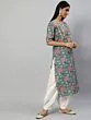 Green & Red Floral Printed Straight Kurta With Yoke Lace Details