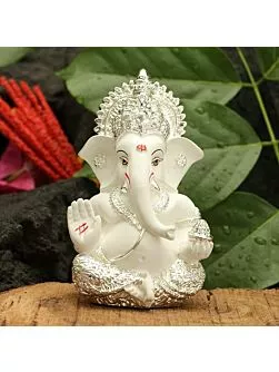 Ganesha Idol Silver Plated Ganesh for Car Dashboard Statue Ganpati Figurine Luck & Success