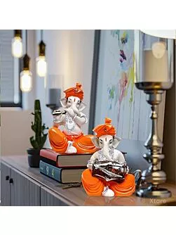 Musical Ganesha Pair for Home Decor | Brings Prosperity - (Orange and White, Pack of 2)(Resin)