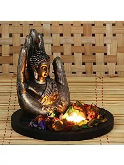 Copper Finish Handcrafted Palm Buddha Decorative Showpiece with Wooden Base