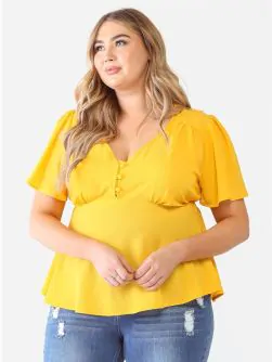 Plus Size Yellow Tie Detail Flare Top