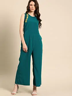 Women Teal Blue Solid Basic Jumpsuit with Embroidered Detailing