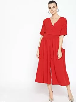Women Red Solid Culotte Jumpsuit