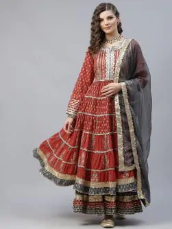 Red & Grey Gold Printed Gotta Work Anarkali & Sharara With Dupatta Set