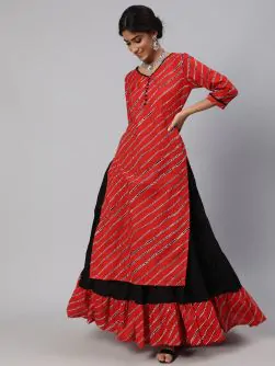 Red & Black Leheriya Printed Straight Kurta With Tiered Skirt